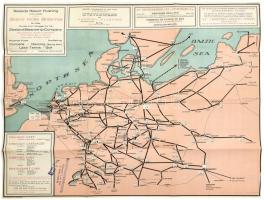 1927 vasúti térkép különböző európai városokra érvényes érkezési és indulási időpontokkal londoni kiindulóponttal, Budapestet is érintve. Kétoldalas, egyiken éjszakai, másikon nappali járat, néhány reklámmal, eredeti papír tokjában. Térkép és tok kisebb szakadással. 39x51 cm