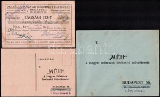 1920 Országos Magyar Méhészeti Egyesület tagsági jegye + cca 1928 MÉH, a Magyar Méhészek Értékesítő Szövetkezetének borítékja és levelezőlapja