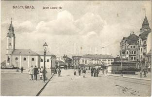 1915 Nagyvárad, Oradea; Szent László tér, villamos, üzletek / square, tram, shops (EK)
