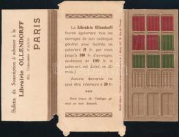 cca 1910 Librairie Ollendorff könyvszekrény alakú, kihajtható prospektusa, francia nyelven, kis kopásnyomokkal, apró gyűrődéssel, 13x6 cm