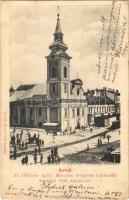 1905 Arad, az 1751-ben épült Minorita templom a lebontás havában 1902. június hó, városi vasút. Kerpel Izsó kiadása / Minorite church (built in 1751) before its demolition, urban railway (fl)