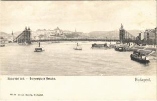 Budapest, Eskü téri híd (Erzsébet királyné híd) építés közben, dunai fürdő uszoda. Divald Károly 661.