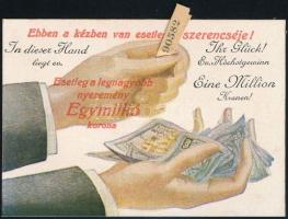 cca 1920-1930 Ebben a kézben van esetleg a szerencséje! Esetleg a legnagyobb nyeremény Egymillió korona, sorsjegy nyomtatvány, a kézben két sorjegy alakú cetlivel, 7x10 cm