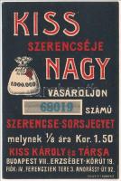 cca 1910-1920 Kiss szerencséje nagy vásároljon 68019 számú szerencse-sorsjegyet, melynek 1/8 ára Kor. 1.50. Bp., Kiss Károly és Társa reklám kártya, Bp., Rigler Rt. -ny., 11x7 cm