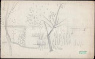Gyenes Gitta (1888-1960): Balaton vitorlásokkal. Ceruza, papír, hagyatéki pecséttel jelzett, 19,5x31,5 cm