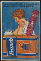 cca 1927 K. Sávely Dezső (1868-1938): Csak annak van egészséges gyomra, mája, szíve, aki egész életében a Franck-kávé híve., Franck kávépótlék reklám, Bp., Klösz Gy.-ny., 17x11 cm