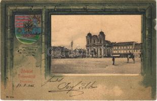 1902 Temesvár, Timisoara; Dóm tér. Szecessziós címeres litho keret / Cathedral Square. Art Nouveau, coat of arms, litho frame (EK)