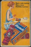 cca 1927 K. Sávely Dezső (1868-1938): Minek a szőke énnekem, mikor a barna Franck-ot szeretem!, Franck kávépótlék reklám, Bp., Klösz Gy.-ny., kis gyűrődésekkel, kis szakadással, 17x11 cm