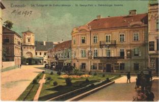 1907 Temesvár, Timisoara; Szent György tér, Erdélyi laktanya, Pummer féle Pilzeni sörcsarnok, Leitenbor József üzlete, kőnyomda (Lithographie), Kossak J. udvari fényképész műterme és üzlete / St. Georgs-Platz u. Siebenbürger Kaserne, Pilsner Bierhalle / square, K.u.K. military barracks, beer hall, inn, shops, photographers atelier, lithography workshop