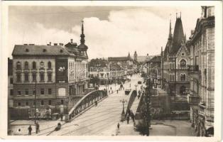 1944 Kolozsvár, Cluj; Szamos híd környéke, Minerva gyógyszertár, Szabó, Barabás, Schieb Tsa, Finkler Samu üzlete, Segesváry és társai reklám / bridge, street, shops, pharmacy, advertising posters