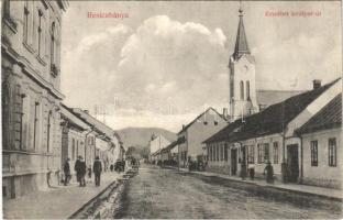 Resicabánya, Resita; Erzsébet királyné út, templom, Bartha üzlete / street, church, shop