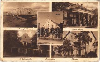 1935 Szeghalom, Berettyó híd, Mozi, Kárász kastély, Római katolikus templom, Vasútállomás (kopott sarkak / worn corners)