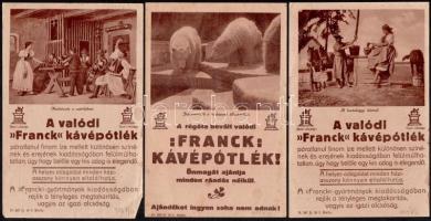 cca 1927-1929 A valódi Franck kávépótlék, 5 db reklám prospektus, rajtuk fekete-fehér fotókkal (Országház, Állatkert, hortobágyi tanya és kút, mulatozás a csárdában), kis gyűrődésekkel, az egyiken kis szakadással, 16x10 cm