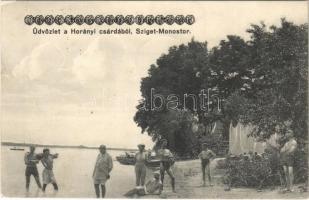 1912 Szigetmonostor, Sziget-Monostor; Horányi csárda, fürdőzők csónakok (EK)