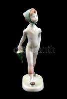 Aquincumi porcelán esernyős kislány, kézzel festett, jelzett, kis kopásnyomokkal, m: 14,5 cm