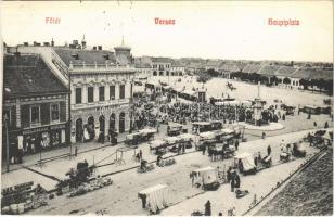 1909 Versec, Vrsac; Fő tér, piac, Koloman Weiss, Maria uroschevits, Wasa Petrovits üzlete / main square, market, shops