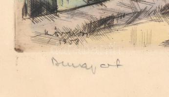 Kórusz József (1927-2010): Dunapart. Színezett rézkarc, papír, jelzett, lap szélén apró foltokkal, ü...