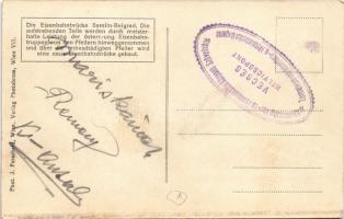 Die Eisenbahnbrücke Semlin-Belgrad. Die aufstrebenden Teile werden durch meisterhafte Leistung der ö...