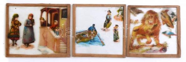 cca XIX. sz. vége Laterna magica üveg lapok,  55 db, rajta: mesékből vett jelentekkel, egy törött, v...