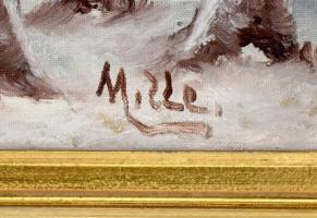 Mille jelzéssel: Téli táj. Olaj, vászon. Kopott fa keretben. 40x50 cm