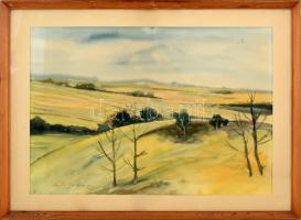 Olvashatatlan jelzéssel: Dombos táj. Akvarell, papír, üvegezett fa keretben, 34×49 cm