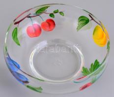 Gyümölcsmintás üveg bonbonier, kézzel festett, kis csorbával, kis kopásnyomokkal, d: 13 cm
