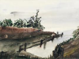 Kukla Mátyás (1928-): Balatonpart, 1990. Akvarell, papír, jelzett. Üvegezett fa keretben. 22,5x30cm