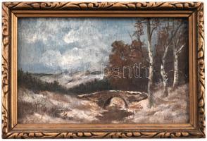 Olvashatatlan jelzéssel: Téli táj. Olaj, falemez. Dekoratív fa keretben. 9x14 cm