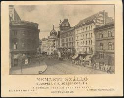cca 1910-1920 Bp., Nemzeti Szálló (VIII. József-körút 4.) magyar és német nyelven reklám kártyája, 12x15 cm