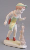 Aquincumi porcelán kisfiú nyúllal, kézzel festett, jelzett,hibátlan, m: 12 cm