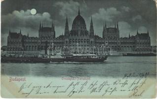 1897 (Vorläufer) Budapest V. Országház, este, ZRÍNYI MIKLÓS oldalkerekes személyszállító gőzhajó