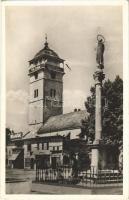 1942 Rozsnyó, Roznava; Őrtorony a Szentháromság szoborral, Dittel üzlete / watch tower with the Trinity statue, shops