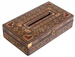 Intarziás fa doboz, sérült, 28,5×16×7,5 cm