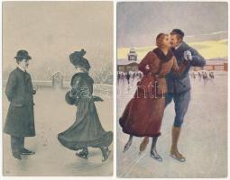 6 db RÉGI téli sport motívum képeslap: jégkorcsolya / 6 pre-1945 winter sport motive postcards: ice ...