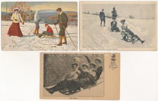 5 db RÉGI téli sport motívum képeslap: szánkózás / 5 pre-1945 winter sport motive postcards: sleigh, sledding