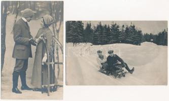 5 db RÉGI téli sport motívum képeslap: szánkózás / 5 pre-1945 winter sport motive postcards: sleigh,...