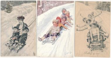 6 db RÉGI téli sport motívum képeslap: szánkózás / 6 pre-1945 winter sport motive postcards: sleigh, sledding