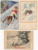 6 db RÉGI téli sport motívum képeslap: szánkózás / 6 pre-1945 winter sport motive postcards: sleigh,...