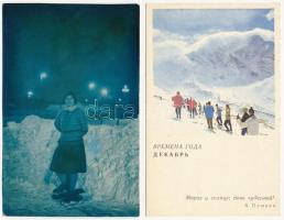 11 db főleg RÉGI téli sport motívum képeslap: síelők, síközpontok / 11 mostly pre-1945 winter sport ...