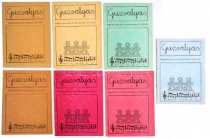 1989-1992 Guzsalyas. Népművészeti és kézműves folyóirat 7 száma, kissé kopott gerincekkel.