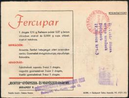 1951 A Richter Gedeon Gyógyszer- és Vegyészeti Gyár Fercupar készítményének reklámnyomtatványa képeslapként elküldve
