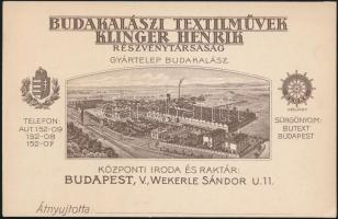 cca 1915 A Budakalászi Textilművek Klinger Henrik Rt. dekoratív, magyar címeres szecessziós karton reklámja a gyár képével, hátoldalon termékismertetővel, szép állapotban