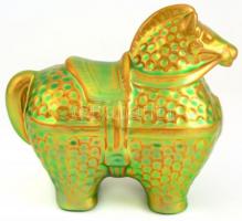 Zsolnay lovacska, eozin mázas, jelzett (tervező Nádor Judit), talpán kis máz kopás, m:14 cm, h:16 cm