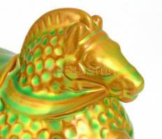 Zsolnay lovacska, eozin mázas, jelzett (tervező Nádor Judit), talpán kis máz kopás, m:14 cm, h:16 cm