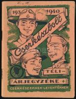 1940 Cserkészbolt téli árjegyzéke cserkészeknek és leventéknek, Márton Lajos által készített grafikus címlappal, szép állapotban, 48p