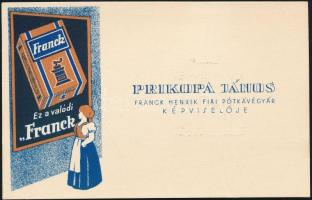 1935 Franck kávé reklámlap, kávégyári képviselő nevével, szép állapotban