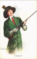 1914 A Good Shot. Hunter Lady art postcard. The Carlton Publishing Co. Series No. 704-1. s: C.W. Barber (EK)