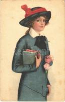 1919 Lady with books, art postcard. A.R. & Co. 550/51. (EK)