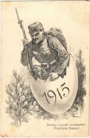 1915 Boldog húsvéti ünnepeket! / Fröhliche Ostern! / WWI Austro-Hungarian K.u.K. military art postcard, Easter greeting, soldier with egg s: Timár (EK)