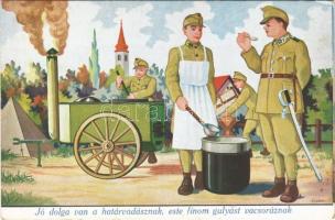 Jó dolga van a határvadásznak, este finom gulyást vacsoráznak / WWII Hungarian military art postcard, border guards s: Kluka (EK)